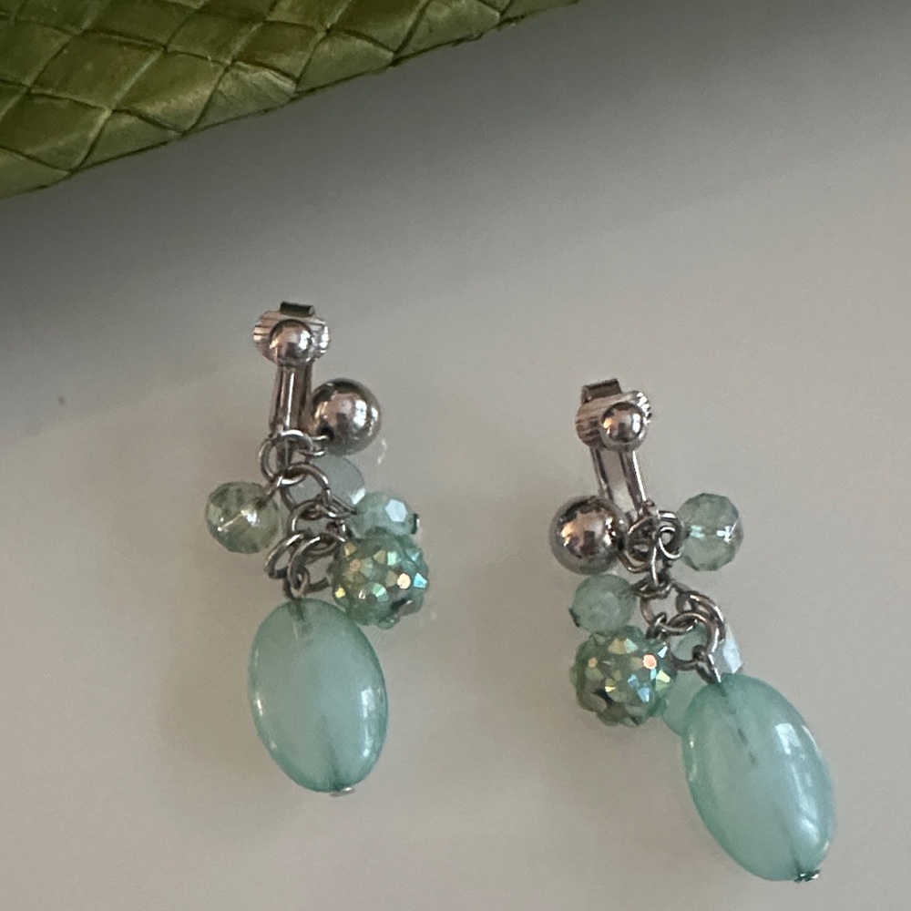 Silver Tone and Aqua Beaded Dangle Clip- On Earrings